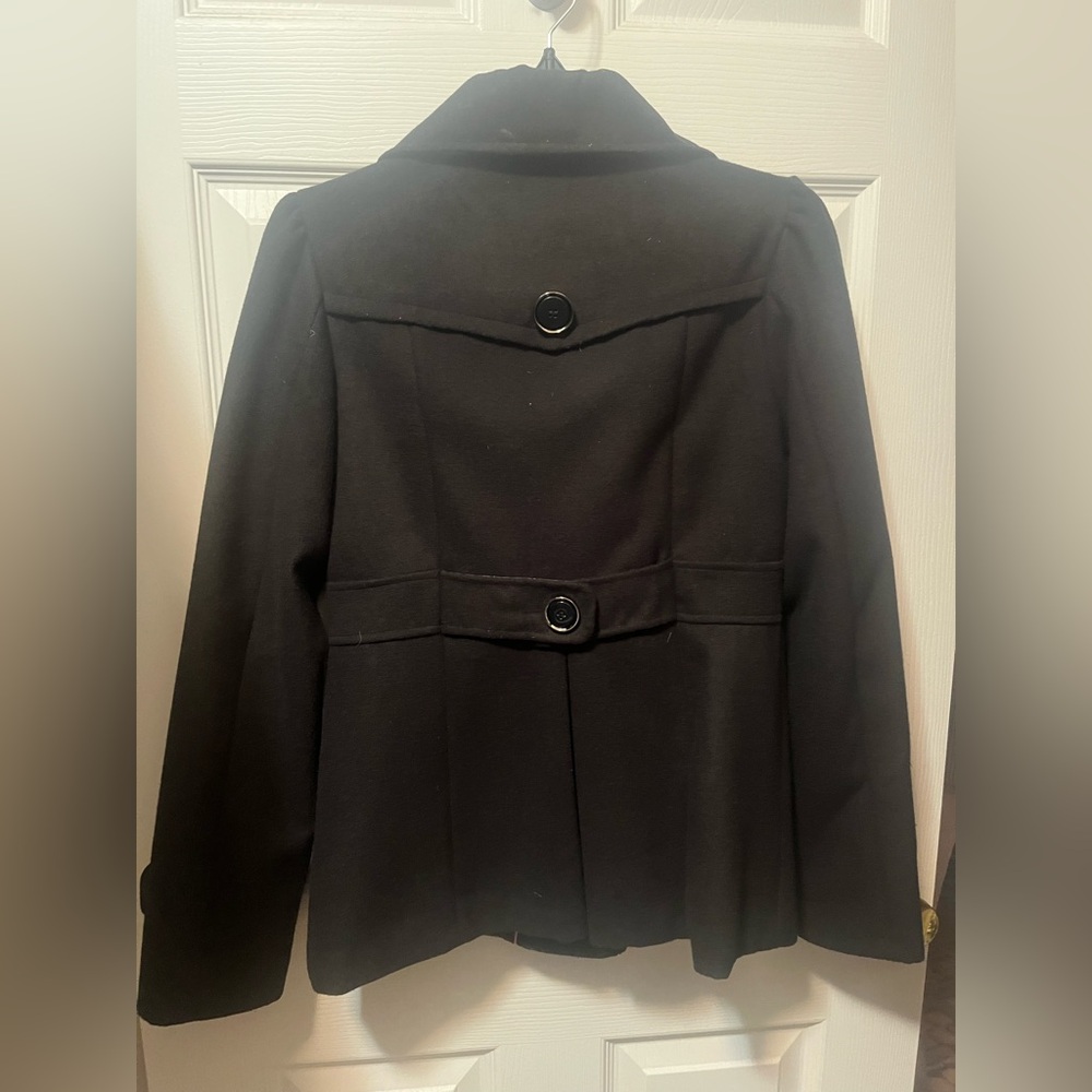 Black button front peacoat style jacket with puckered collar
